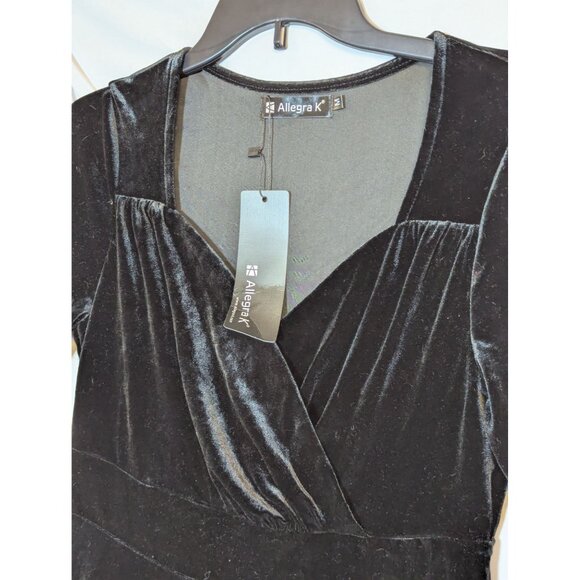 Allegra K Womens Black Velvet Wrap V-Neck Dress 3/4 Sleeves Elegant Party Wear - Picture 3 of 5